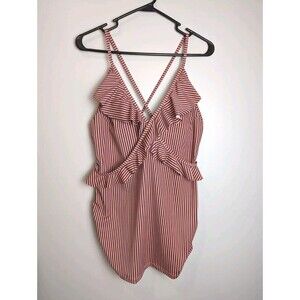 Motherhood Maternity Ruffle Front Tankini Top Striped Pink UPF50+ Size Large 1pc